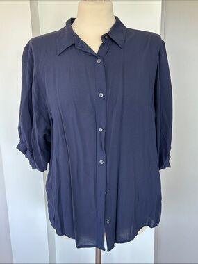 Womens Navy Button-Up Shirt - Classic Collared Shirt